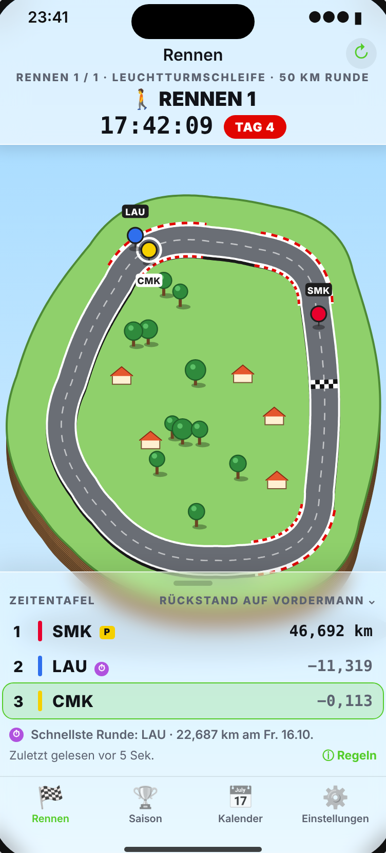 Pace Prix: Rennansicht mit Inselstrecke und Zeitentafel (SMK, LAU, CMK)